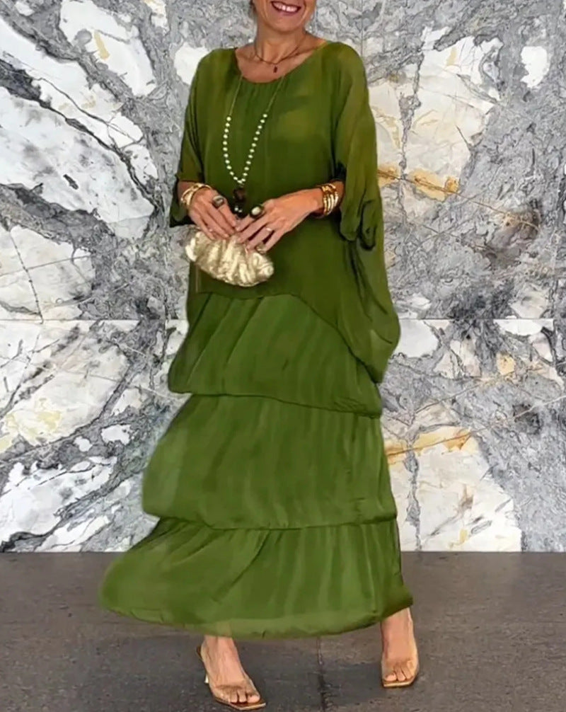 Women's layered tiered maxi dress with wide batwing top and tiered ruffle skirt StylebySassy