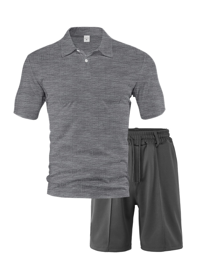 Men's two-piece summer travel set with textured short-sleeve polo shirt and functional mesh shorts StylebySassy