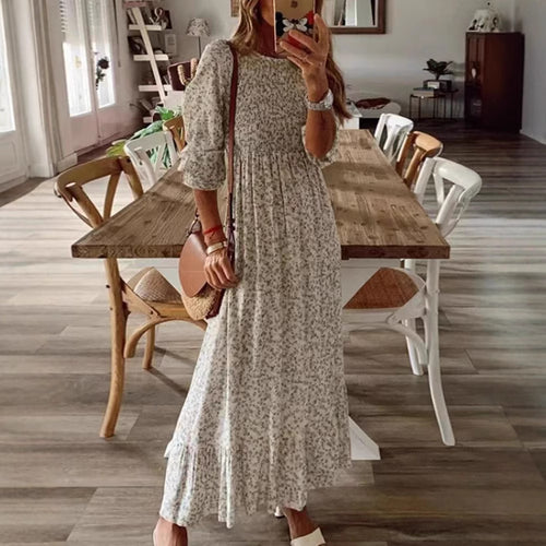 Women nan locker falling babydoll midi dress with gathered under bust, dropped three-quarter sleeves and fine floral print StylebySassy