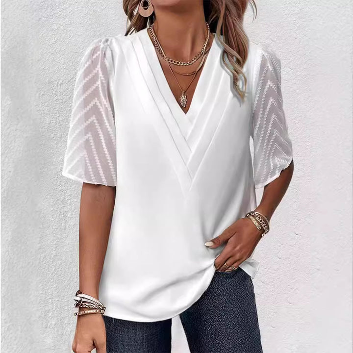 Women’s V-neck blouse with pleated yoke and transparent zigzag sleeves StylebySassy