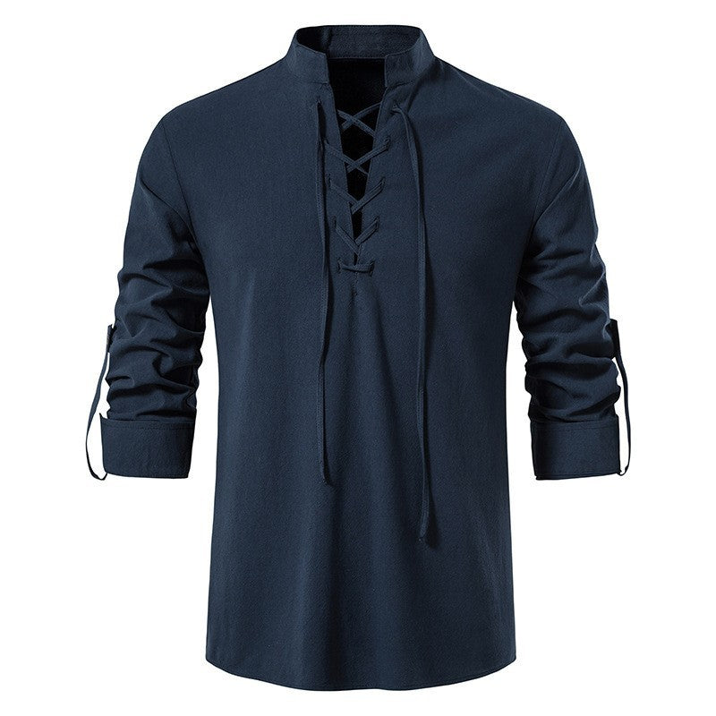 Men's casual lace-up shirt with stand-up collar, linen-cotton blend and roll-up sleeve tabs StylebySassy