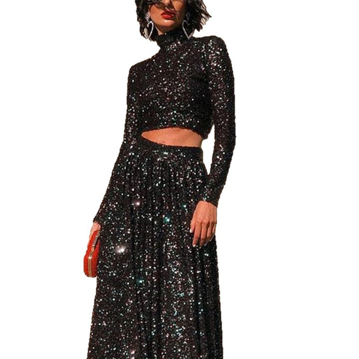 Women two-piece sequin evening set with high-neck crop top and flowing maxi skirt StylebySassy