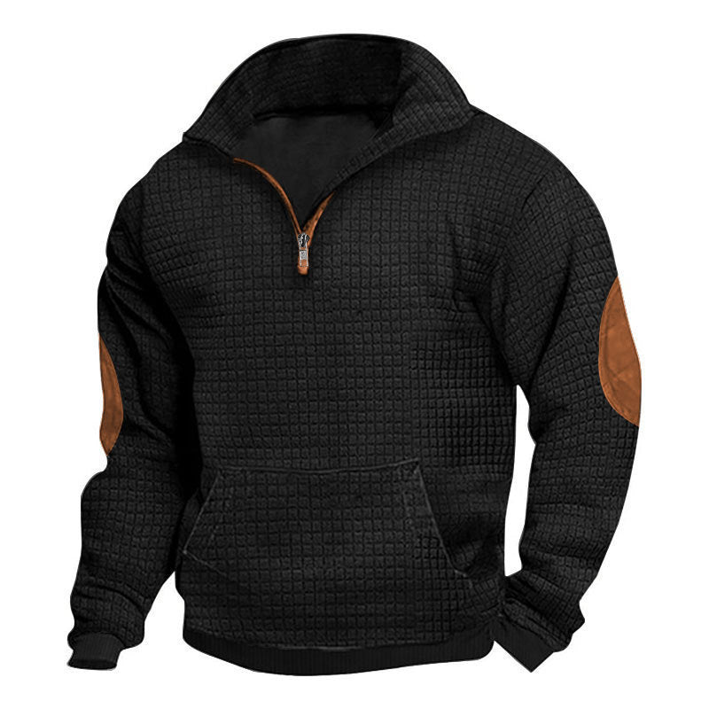 Men's thermo-regulating waffle knit half-zip pullover with kangaroo pocket and faux leather elbow patches StylebySassy