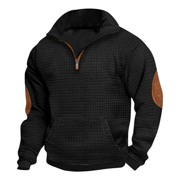 Men's thermo-regulating waffle knit half-zip pullover with kangaroo pocket and faux leather elbow patches StylebySassy