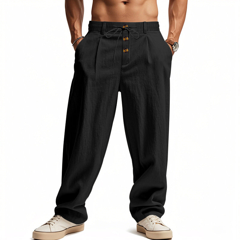 Men's casual pleated pants in linen look with elastic tunnel drawstring, decorative button placket, and deep side pockets StylebySassy