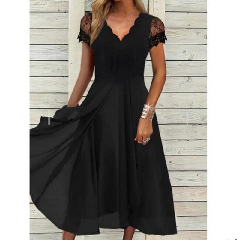 Ladies flowing midi dress with curved V-neck, fitted A-line silhouette, and delicate lace sleeves StylebySassy