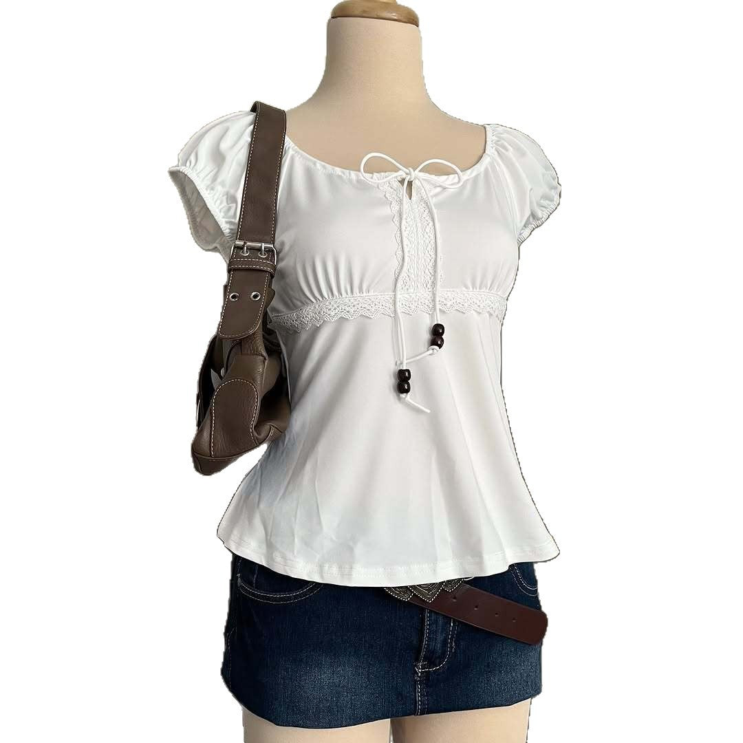 Women Playful Top with Lace Accents and Drawstring StylebySassy