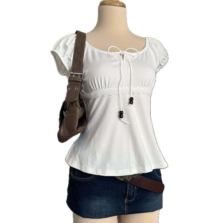 Women Playful Top with Lace Accents and Drawstring StylebySassy