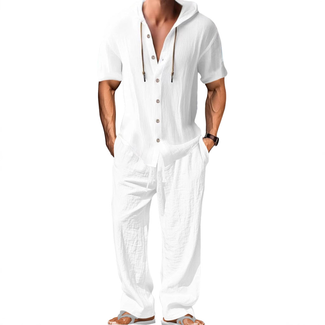 Men's airy linen lounge set with short-sleeved hoodie and straight relaxed pants StylebySassy
