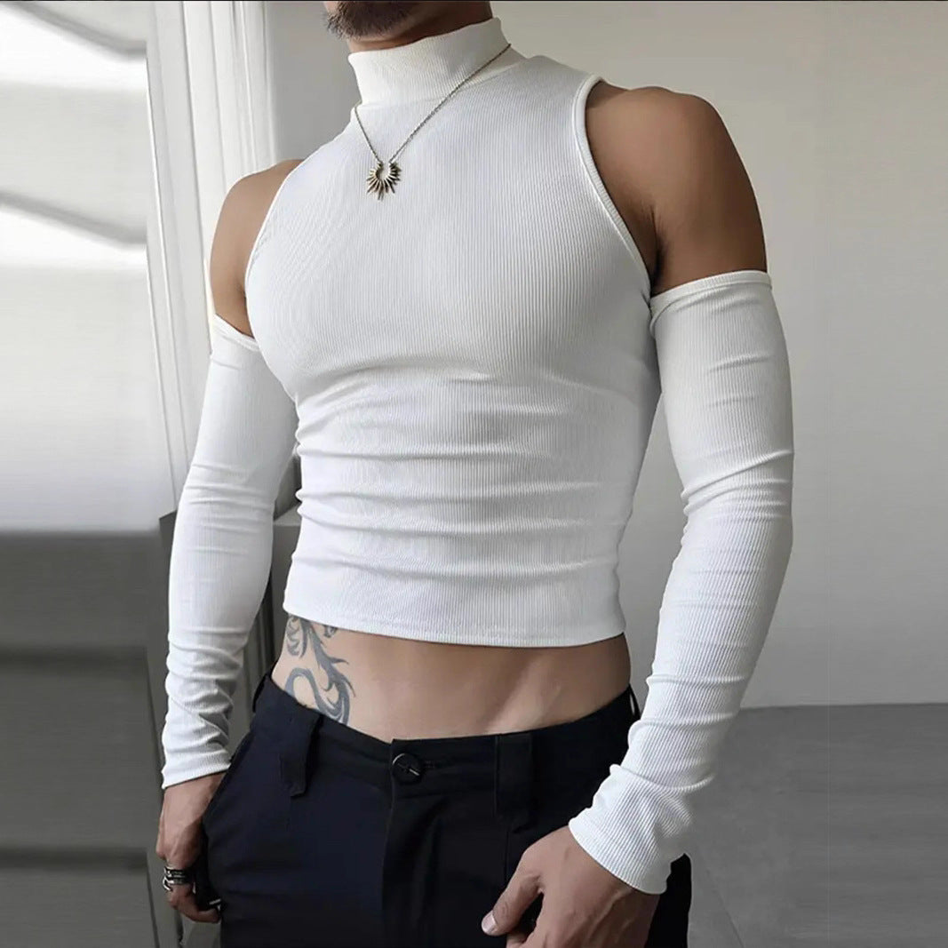 Women's fitted fine knit top with stand-up collar, shoulder cutouts, and long sleeves StylebySassy