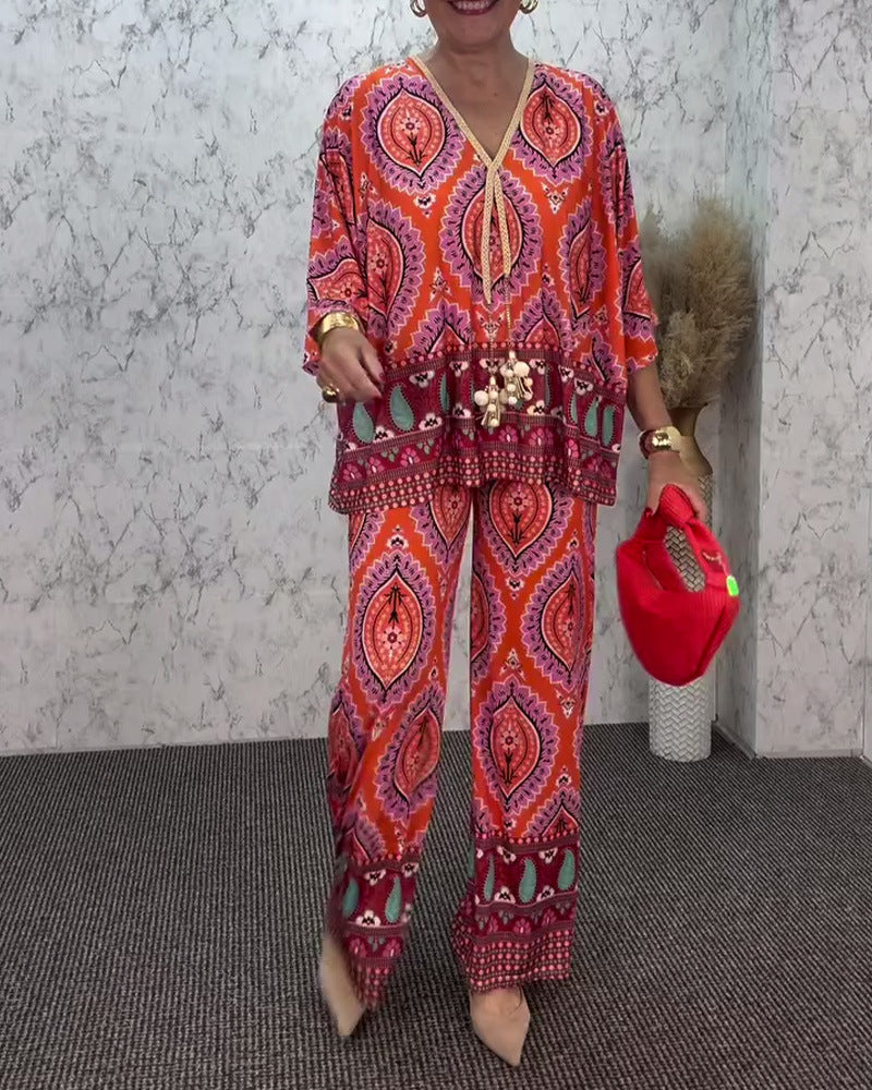 Ladies relaxed tunic and palazzo pants set with V-neck fringe band and wide leg StylebySassy