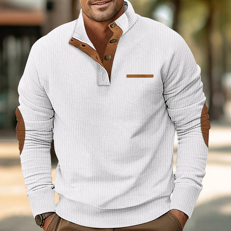 Men's ribbed long sleeve pullover with stand-up collar and faux leather elbow patches StylebySassy
