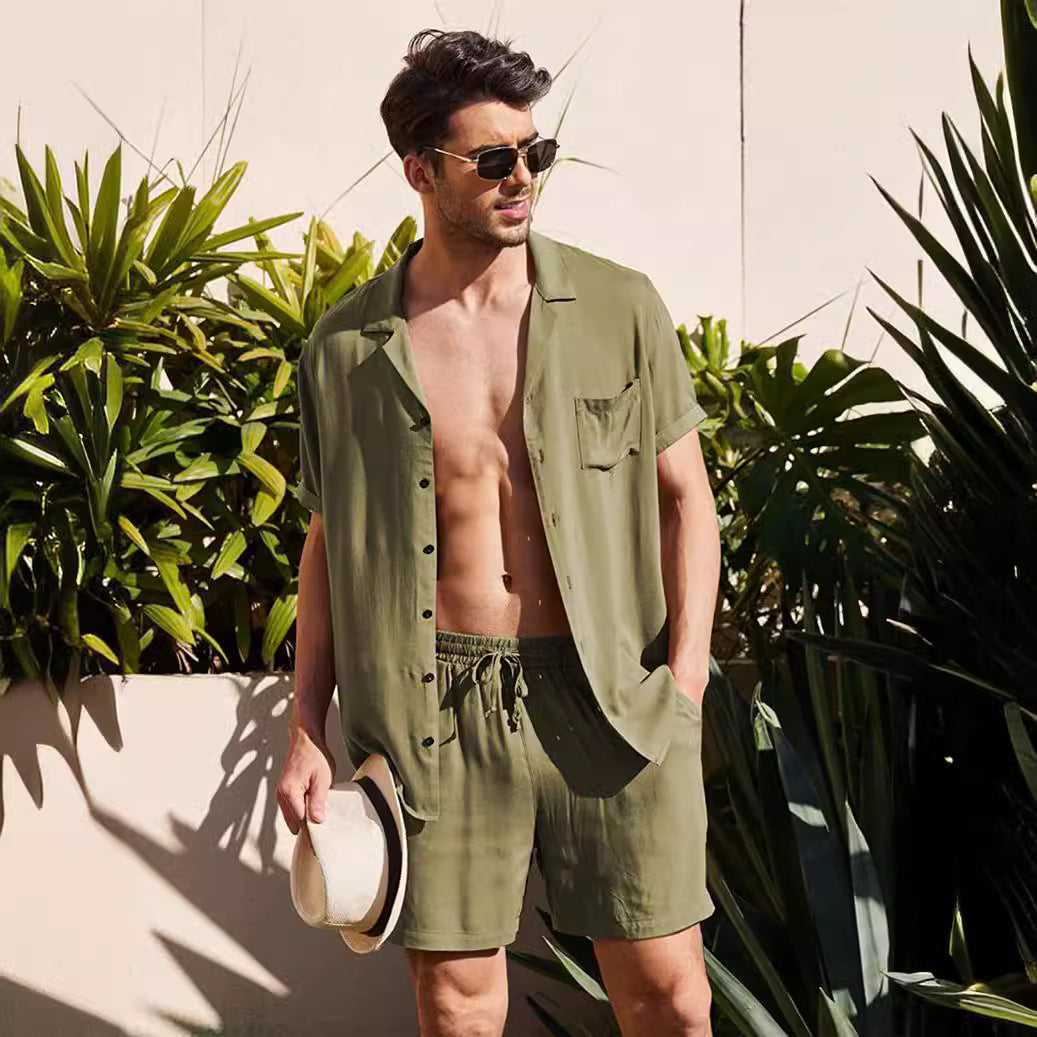 Men's two-piece summer casual ensemble with open collar shirt and elastic shorts StylebySassy