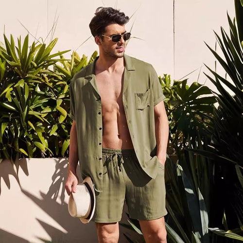 Men's two-piece summer casual ensemble with open collar shirt and elastic shorts StylebySassy