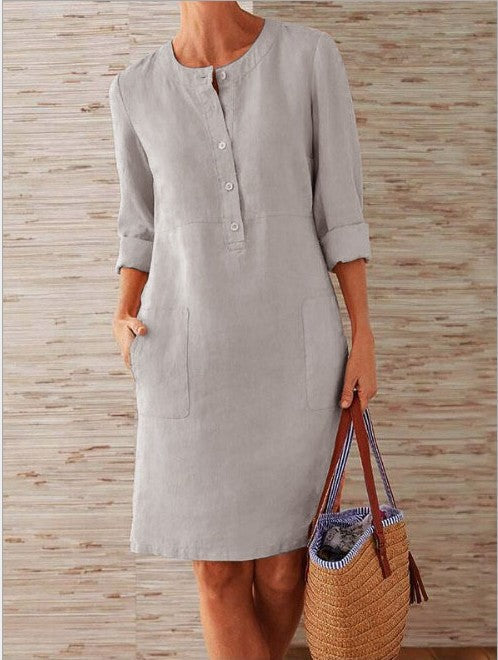 Women’s Lightweight Linen Dress with Practical Pockets and Trendy Button Design StylebySassy
