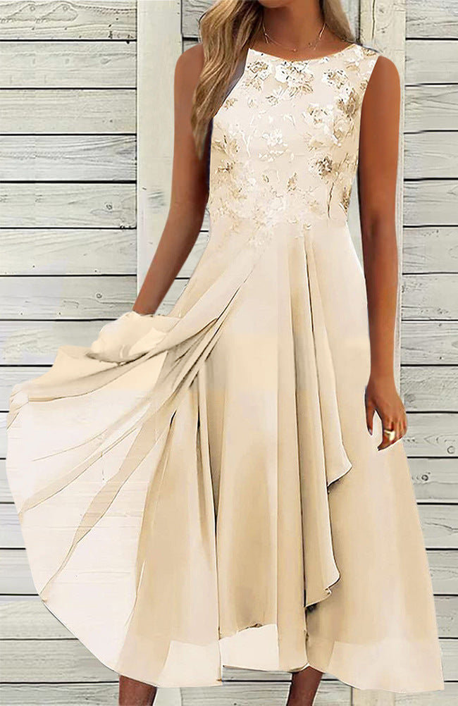Women’s sleeveless chiffon midi dress with embroidered bodice and asymmetric layered skirt StylebySassy