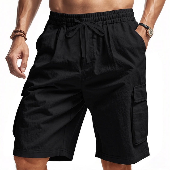 Men's casual cargo Bermuda shorts with elastic drawstring waistband, straight leg, and patch flap pockets StylebySassy