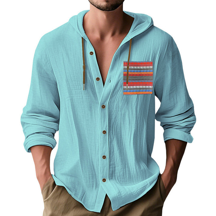 Men's lightweight hooded shirt jacket made of structured cotton blend with ethnic chest pocket and button placket StylebySassy