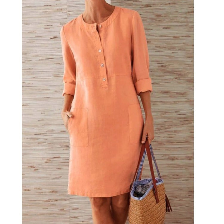Women’s Lightweight Linen Dress with Practical Pockets and Trendy Button Design StylebySassy
