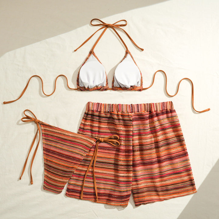 Women's Triangle Bikini with Ruffle Details and Casual Shorts StylebySassy