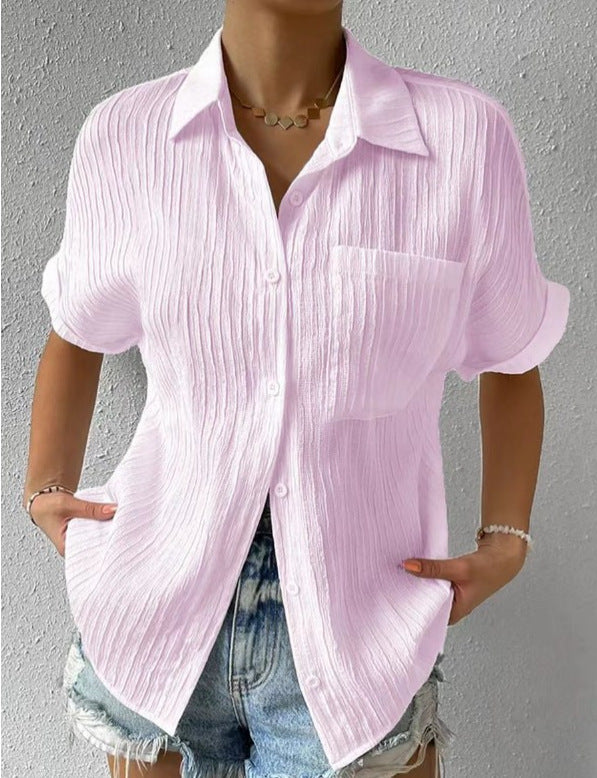 Women's crinkle effect shirt blouse with breast pocket, rolled sleeves and loose fit StylebySassy