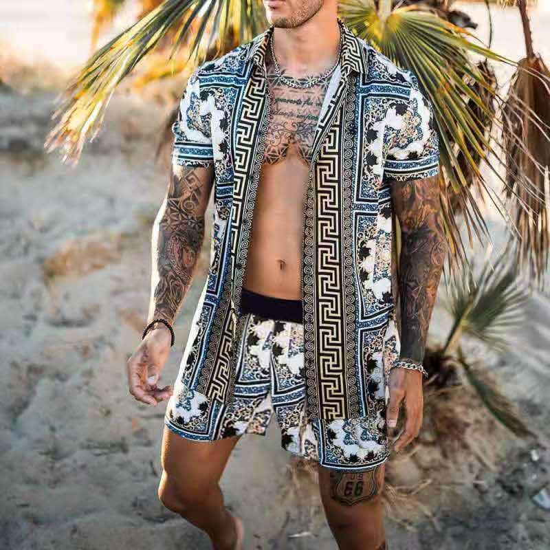 Men's short-sleeved shirt with baroque pattern and matching loose-fitting shorts StylebySassy