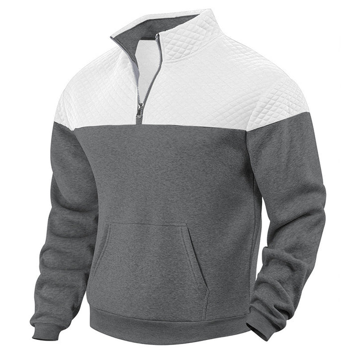 Men's quilted shoulder yoke half-zip sweater with kangaroo pocket and stand collar StylebySassy