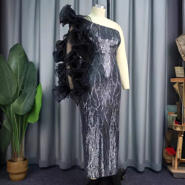 Women's Glittering Evening Dress with Asymmetrical Cut and Voluminous Ruffle Details StylebySassy