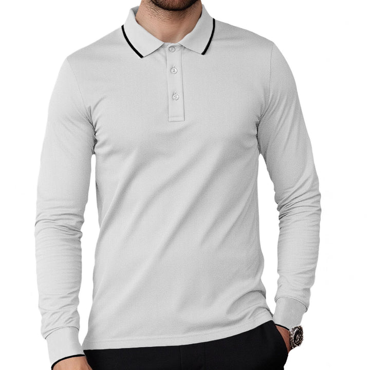 Men's long-sleeved pique polo shirt with contrasting piping at the collar and cuffs StylebySassy