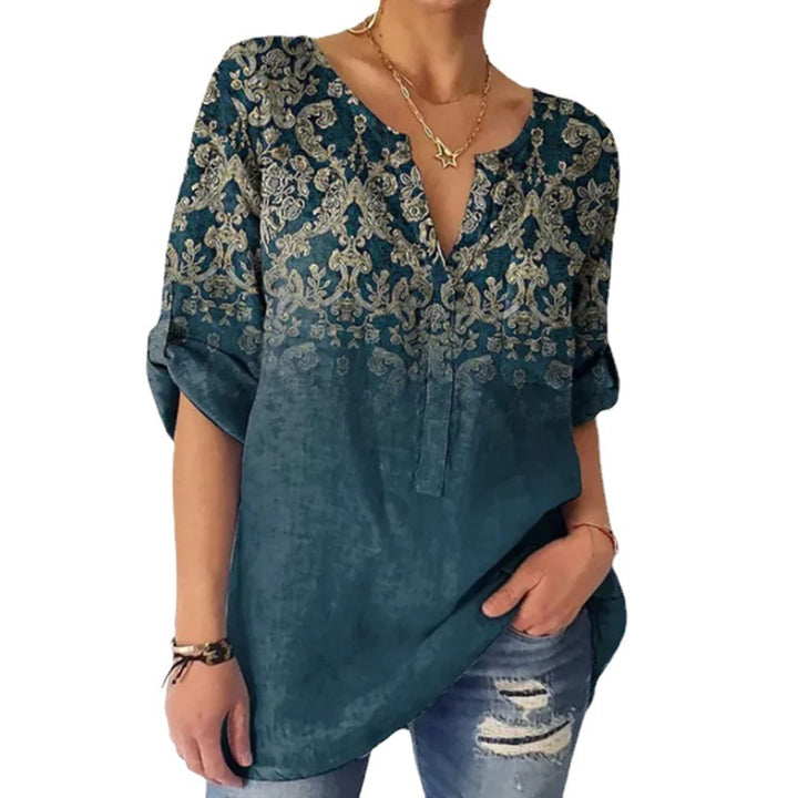 Women's V-neck tunic in linen look with ornamental border print, rolled-up sleeves, and rounded hem StylebySassy