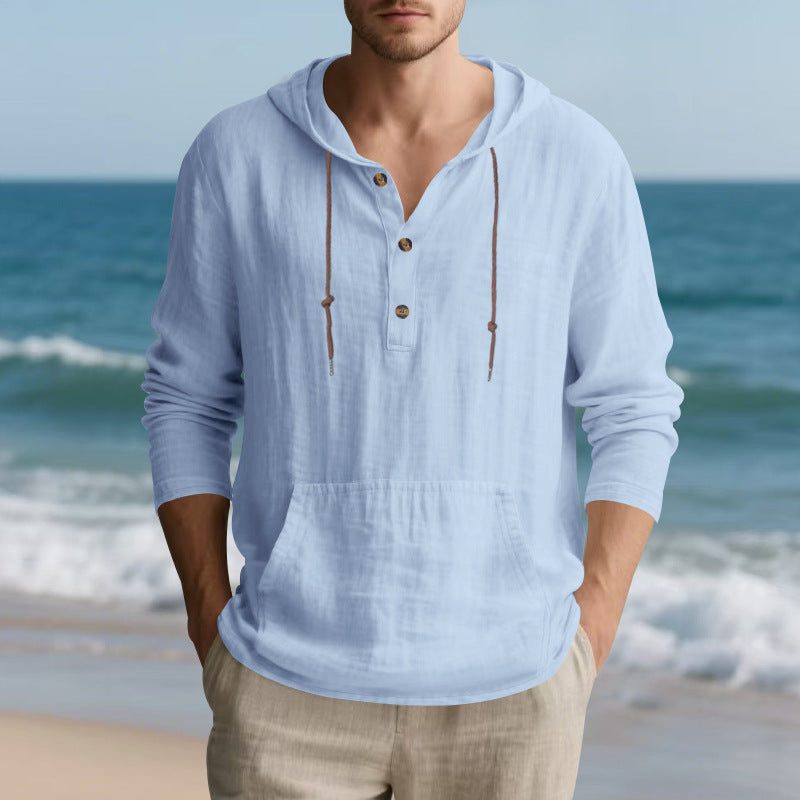 Men's lightweight hooded henley made of linen-cotton blend with kangaroo pocket and button placket StylebySassy