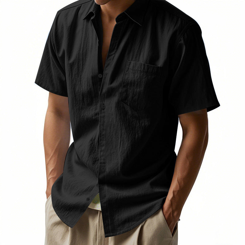 Men's short-sleeved casual shirt made of linen blend with chest pocket and rounded hem StylebySassy