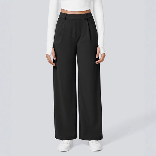 Ladies high-waisted pleated trousers with wide leg, belt loops and side pockets StylebySassy