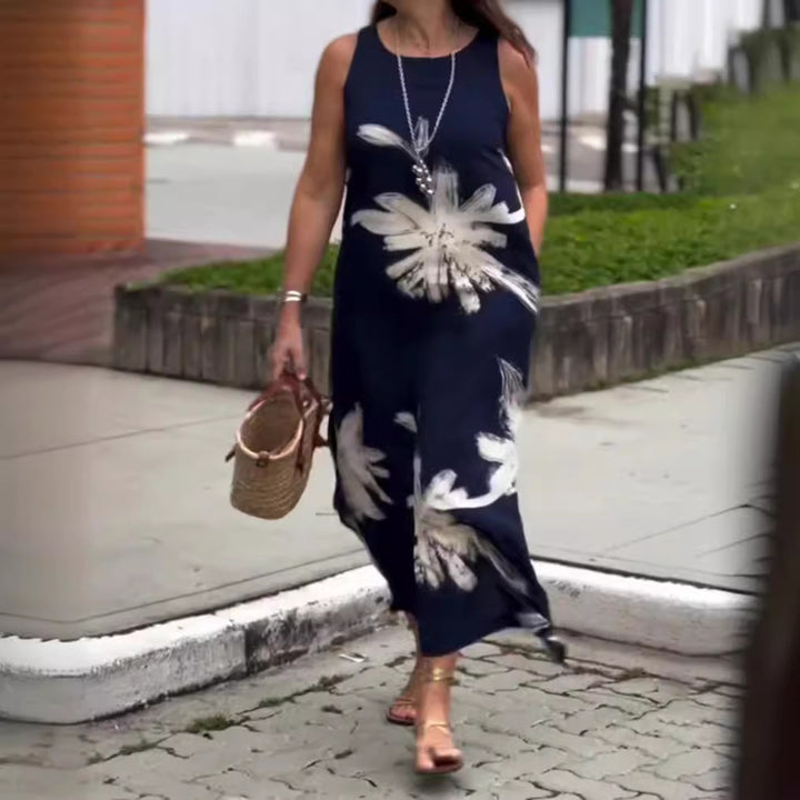 Women sleeveless casual maxi dress made of lightweight jersey with large brush flower pattern and hidden side pockets StylebySassy