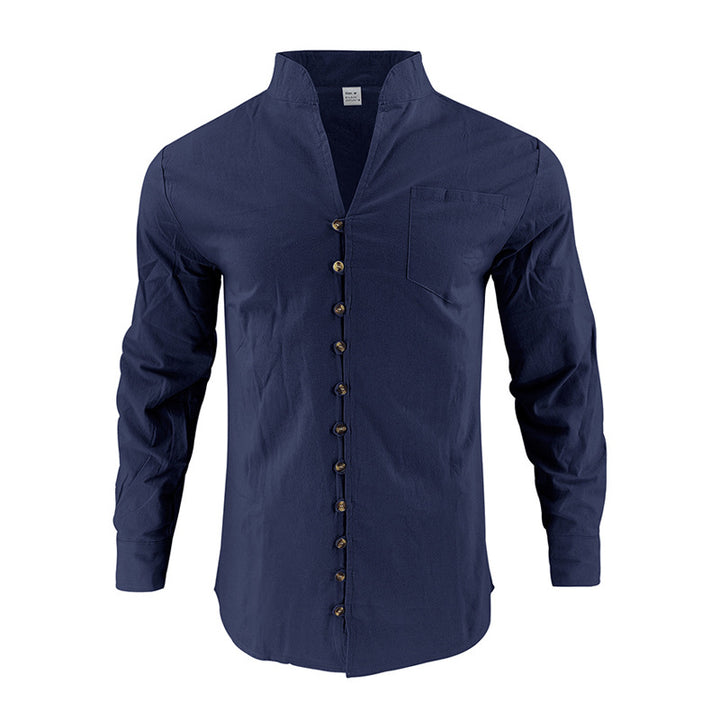 Men's lightweight linen shirt with stand-up collar, full button placket, and patch chest pocket StylebySassy