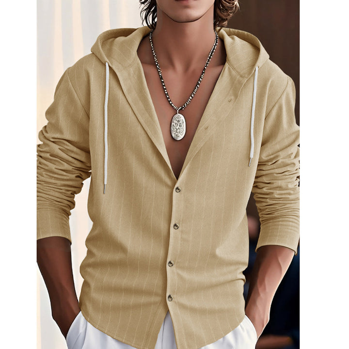 Men's modern hooded shirt with slim fit, continuous button placket, and fine pinstripe structure StylebySassy