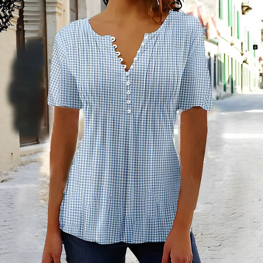 Ladies' lightweight checked blouse with V-neck, decorative button placket and tiered ruffle StylebySassy