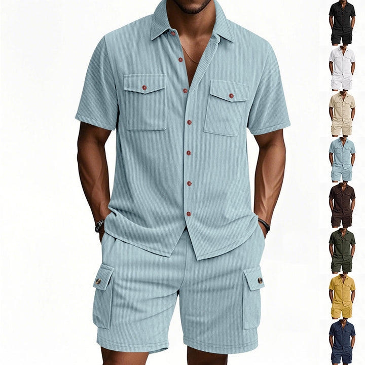 Men's structured short-sleeve shirt and bermuda set with flap pockets and elastic waistband StylebySassy