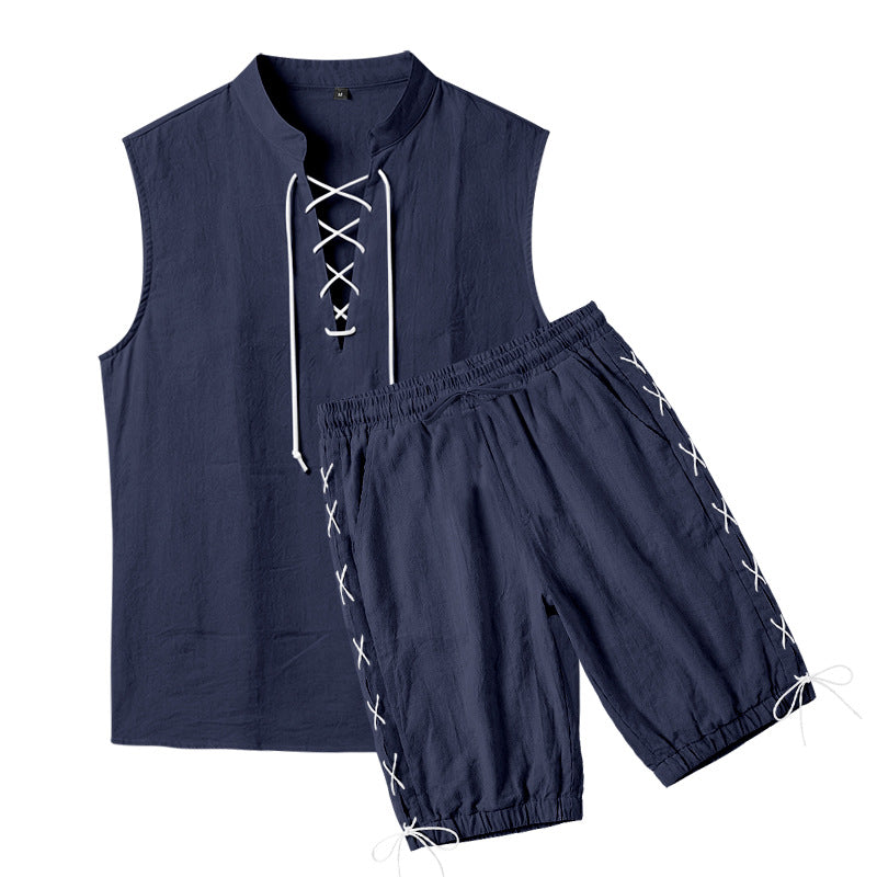 Men's sleeveless leisure set with lace collar and drawstring Bermuda StylebySassy