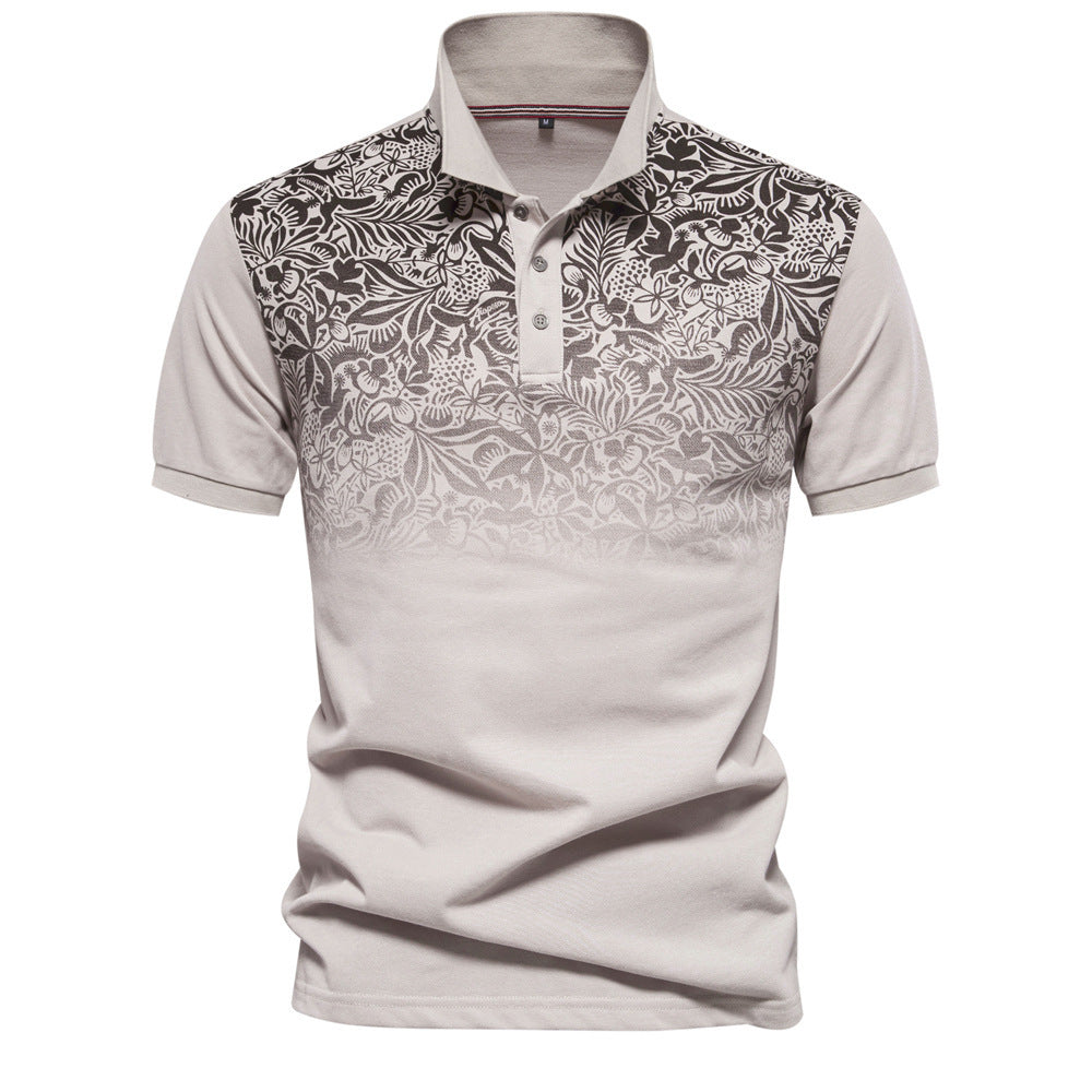 Men's polo shirt with floral gradient pattern, Kent collar and subtle button placket StylebySassy