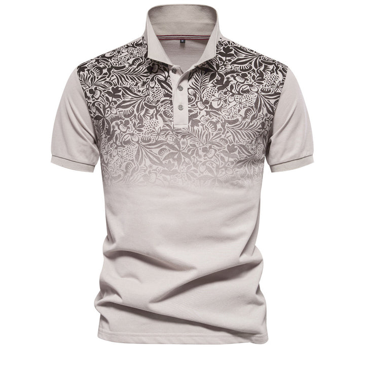 Men's polo shirt with floral gradient pattern, Kent collar and subtle button placket StylebySassy