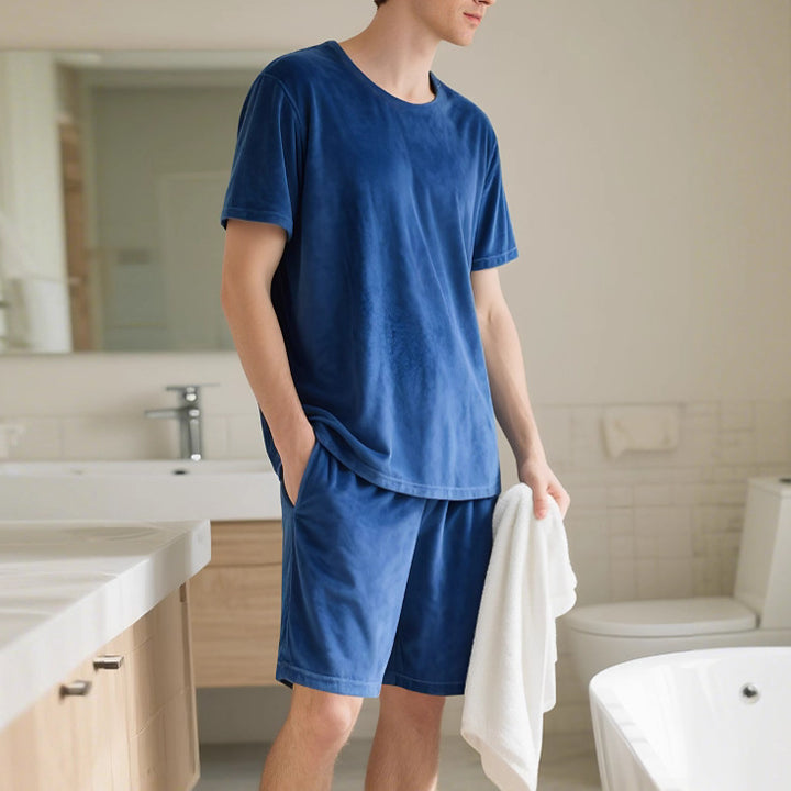 Men's velour lounge set with round neck short sleeve shirt and drawstring shorts StylebySassy