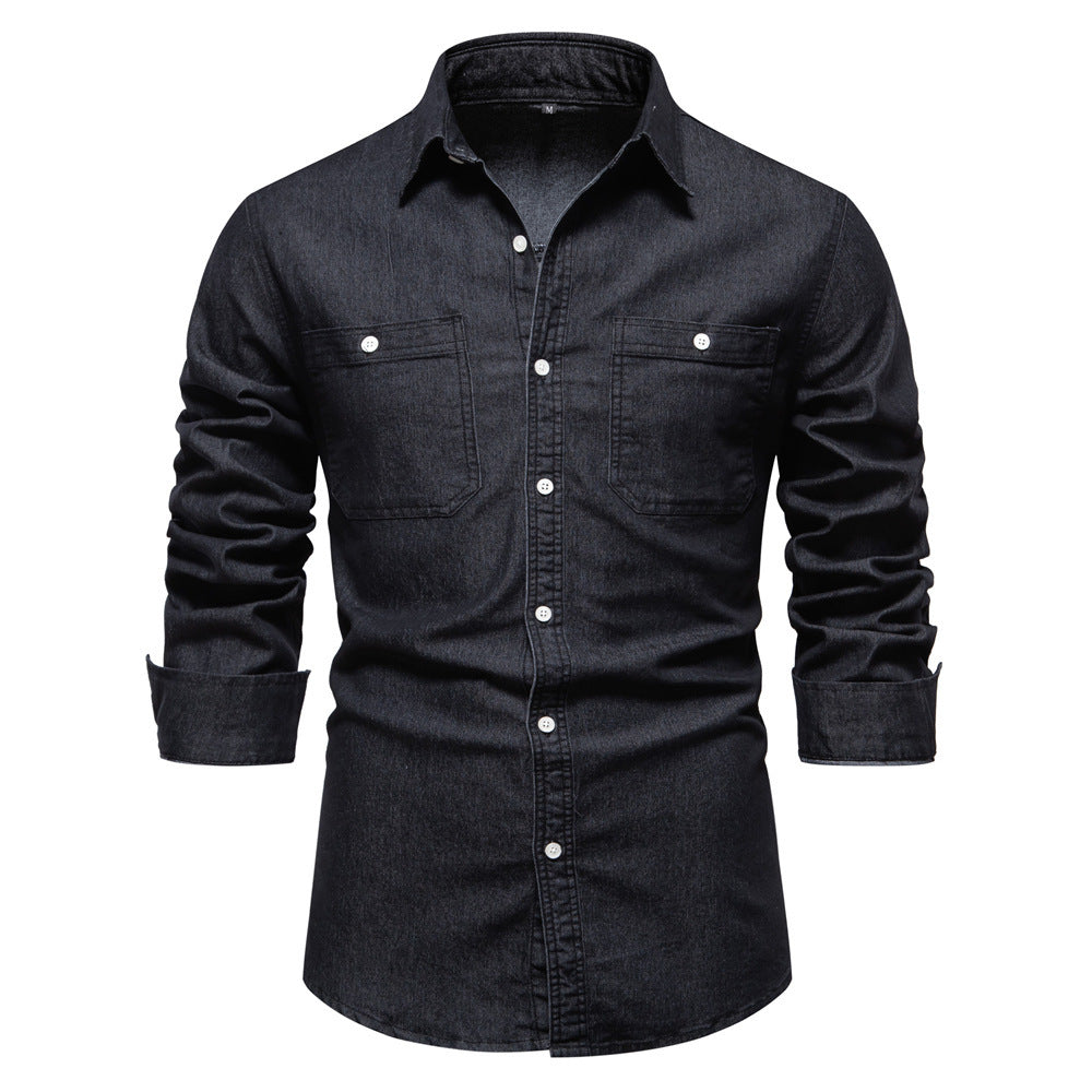 Men's narrow cut denim shirt with Kent collar and patch chest pockets StylebySassy