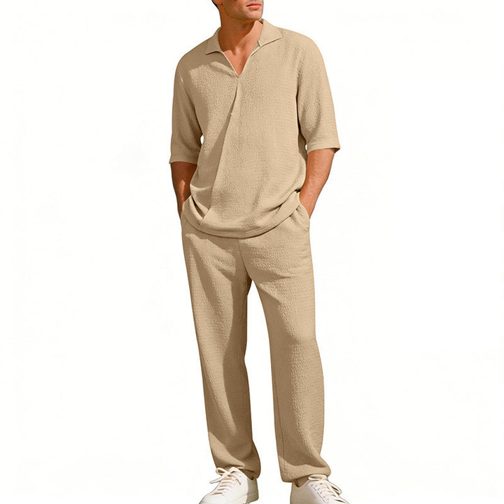 Men's crepe structure leisure set with open lapel collar and straight comfort trousers with side pockets StylebySassy