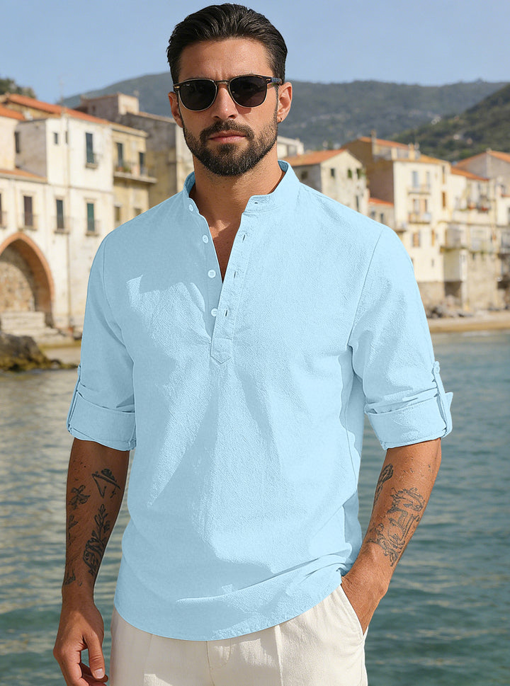 Men's lightweight half-button shirt made of linen blend with stand-up collar and roll-up sleeves StylebySassy