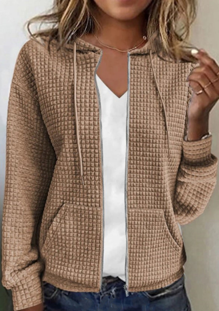 Women's quilted hooded jacket with waffle texture, full zip and kangaroo pockets StylebySassy