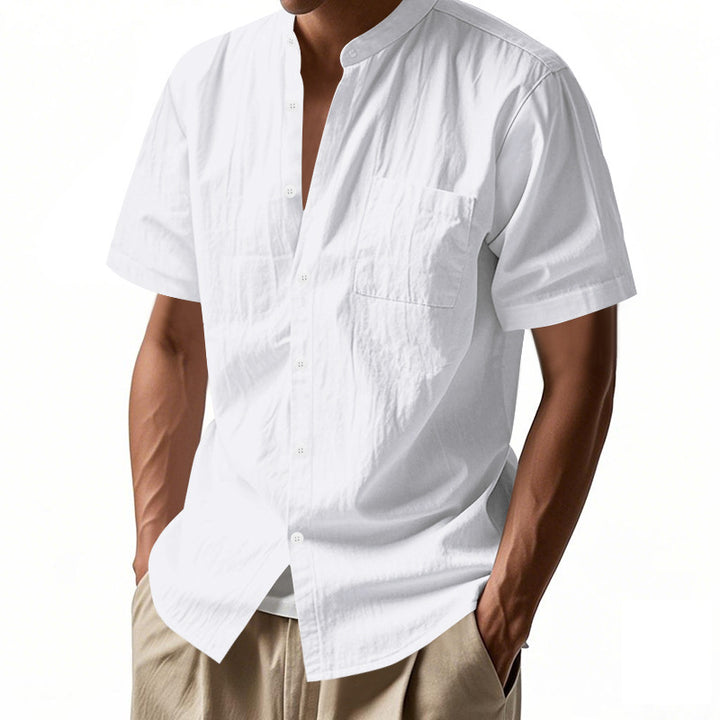 Men's nan legeres short-sleeve linen blend shirt with stand-up collar, chest pocket, and continuous button placket StylebySassy