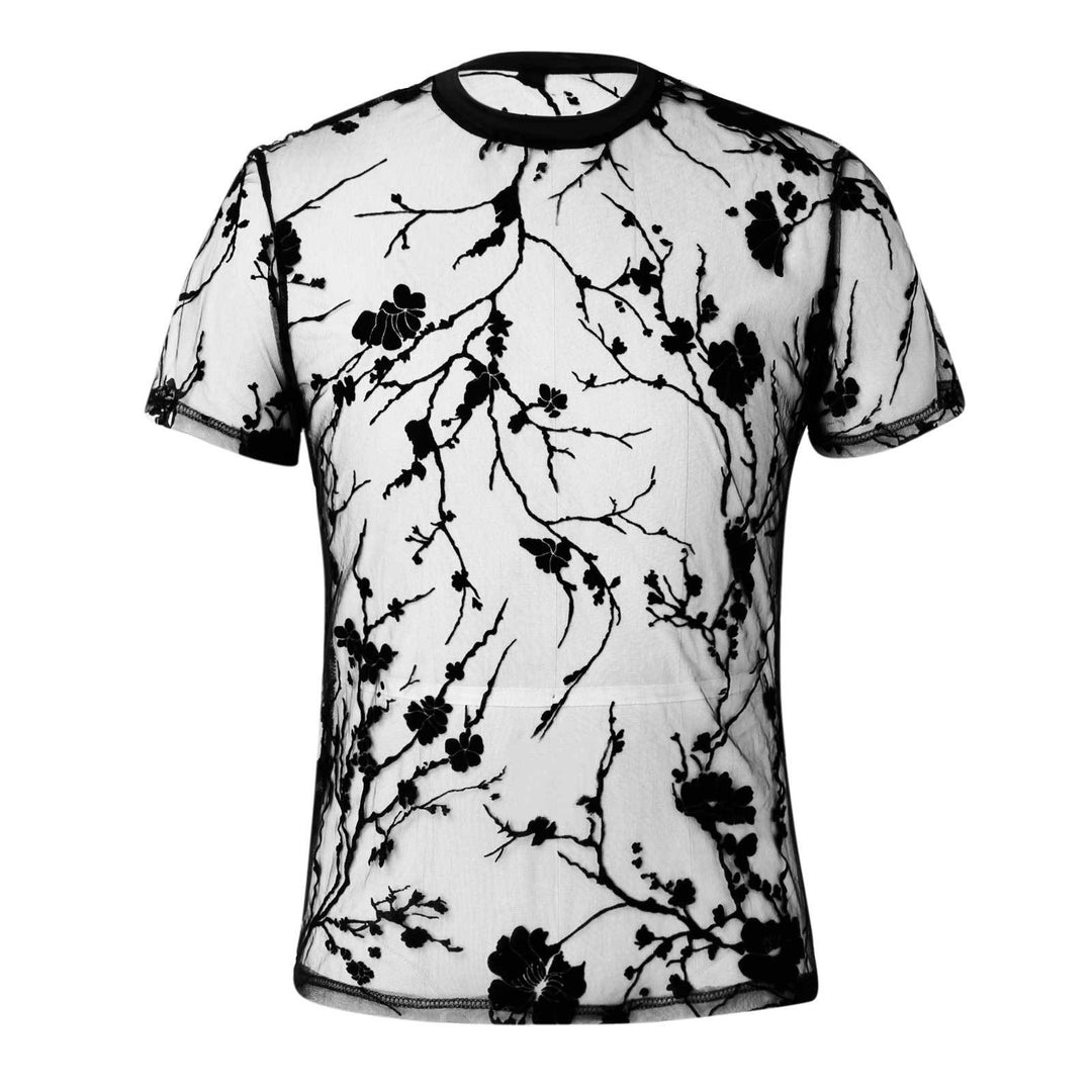 Women's nano transparent mesh top with floral velvet embroidery and round neckline StylebySassy