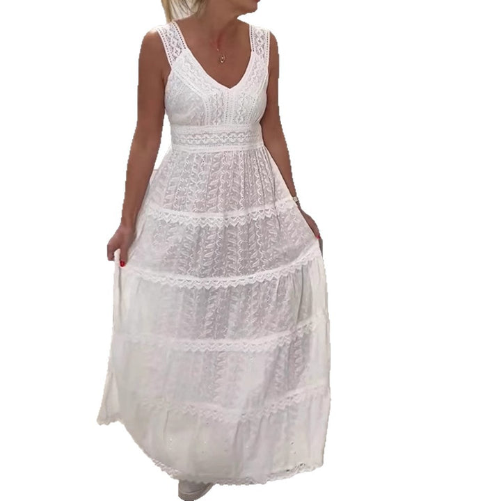 Women’s sleeveless Boho lace layered maxi dress with V-neck and empire waist StylebySassy