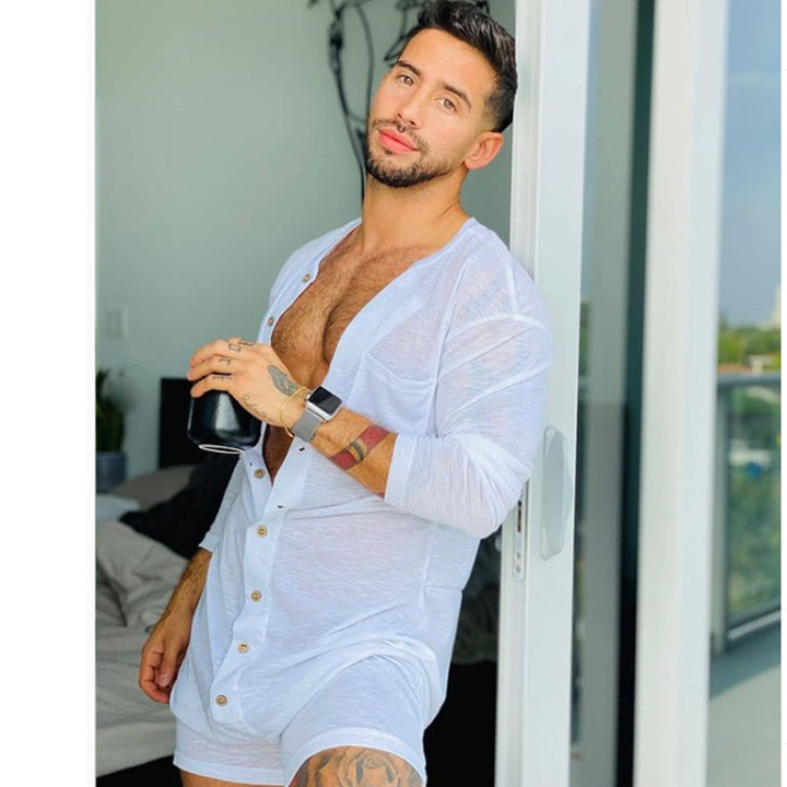 Men's comfortable short overall with round neck, continuous wooden button placket and chest pocket StylebySassy